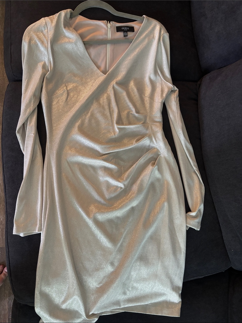 GUESS Shimmery Cream Long-Sleeve Midi Dress